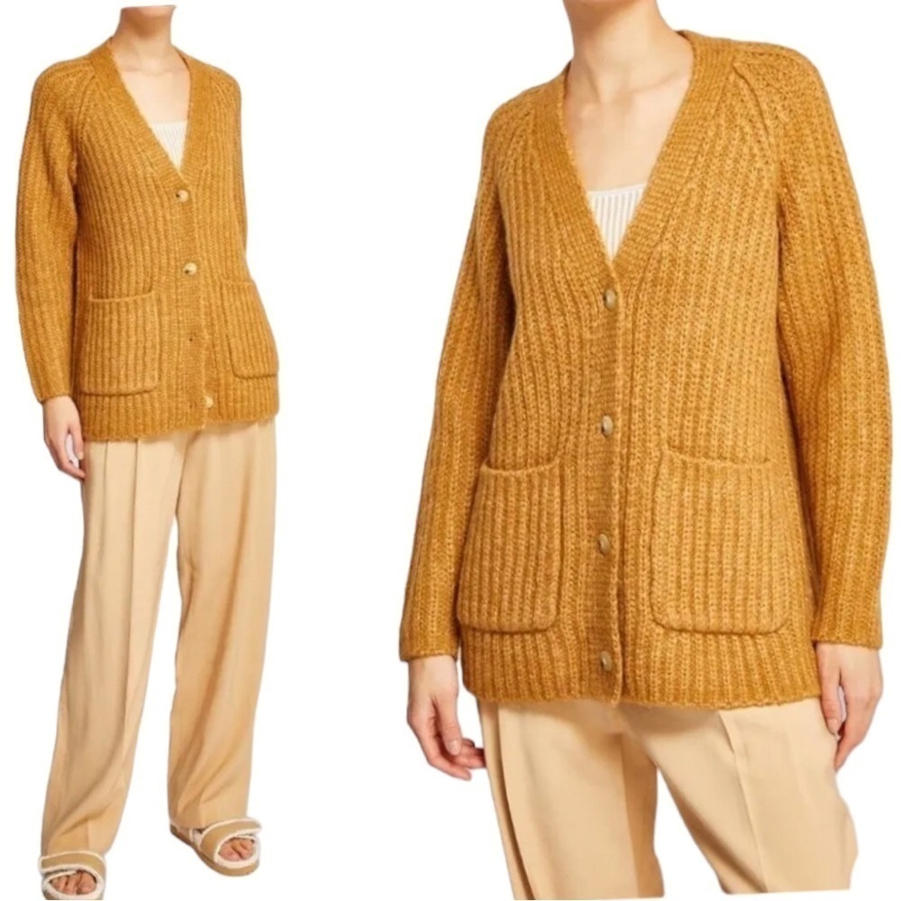 Vince Alpaca-Wool Ribbed Cardigan With Pockets In Gold Ochre